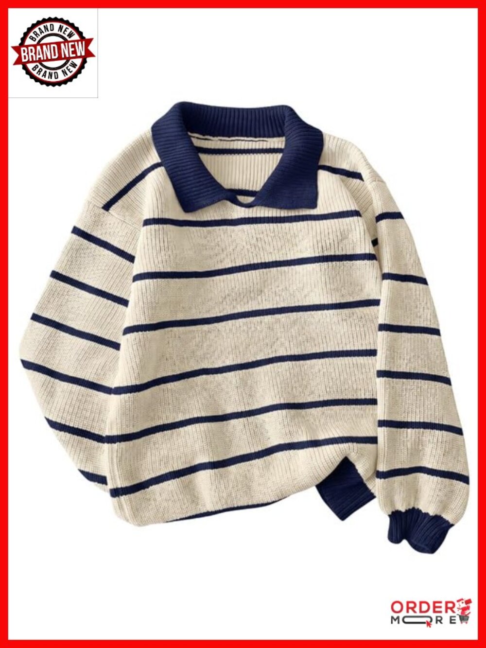 Oversized Striped Collared Knit Pullover Sweater Cotton Acrylic Long Sleeve